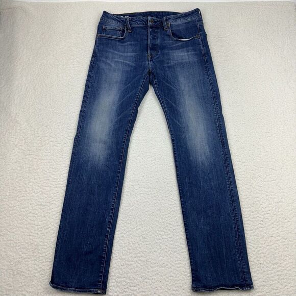 G Star Raw Jeans 3301 Men 30x31 Blue Regular Straight Denim Whiskered Button Fly - Picture 1 of 10